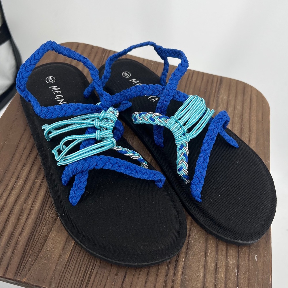 MEGNYA Womens Walking Sandals Blue Turquoise Braided Rope Strappy Size 9